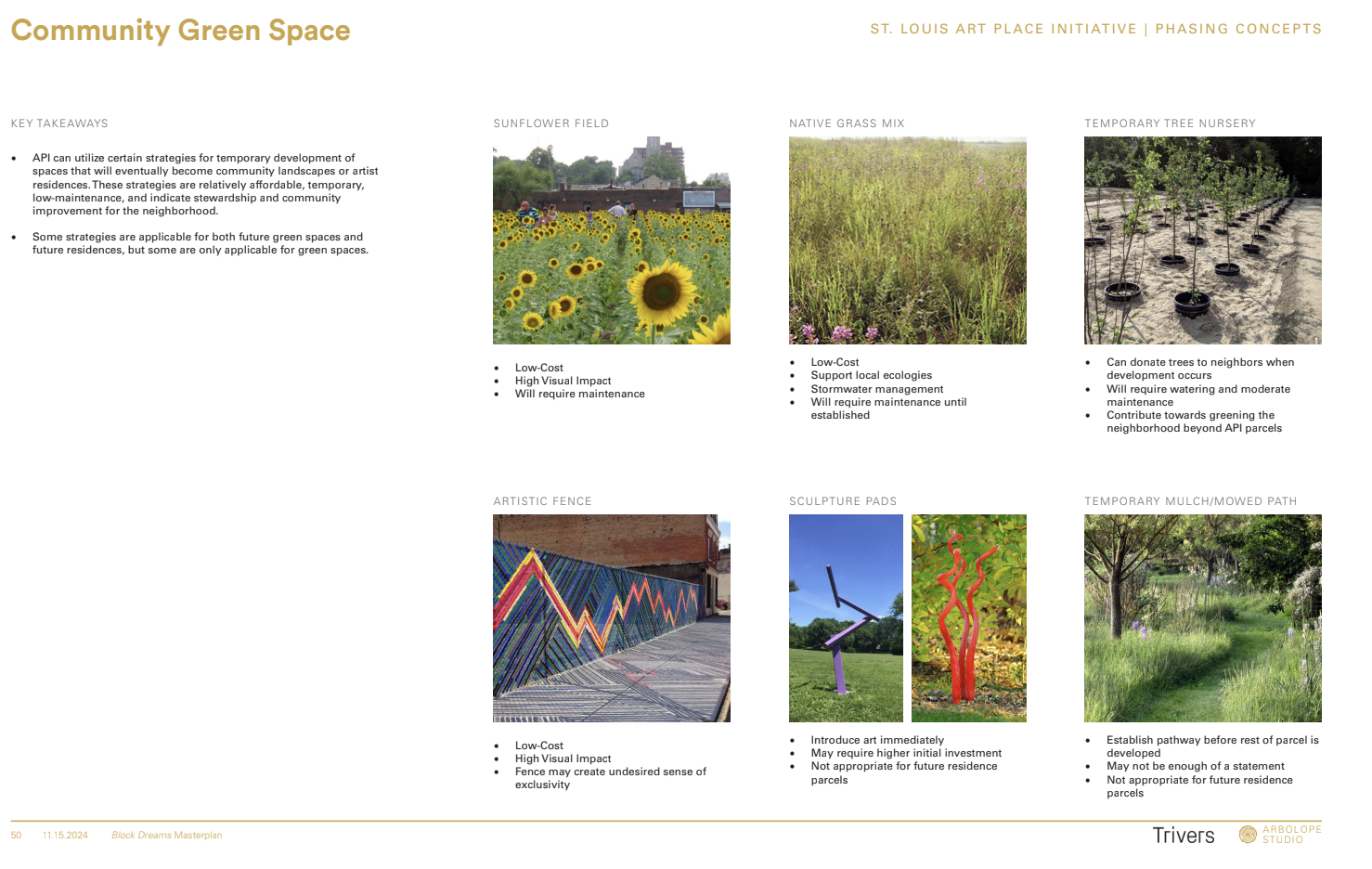 Ideas for "quick-builds" as part of a first phase of testing/implementing designs on the parcels.